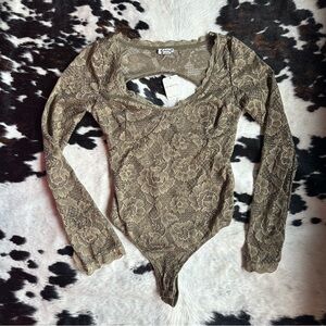 Intimately by Free People Floral Lace Long Sleeve Bodysuit - Olive